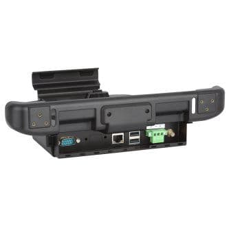 Desk dock, 12-19V DC power supply.  Ports: 2x USB 2.0 side, 2x USB 2.0 rear, RS232, 1x RJ45 Ethernet, VGA, RT10 pogo-pin dock connector.