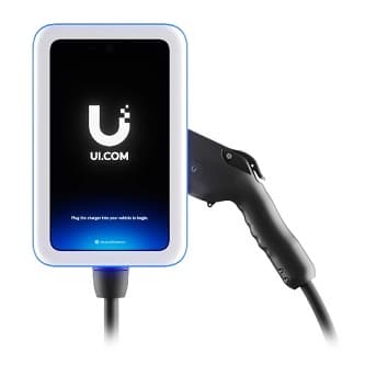 Weatherproof, 11 kW Level 2 electric vehicle charging station with an ultra-bright 10.1" touch display, flexible access control, and payment terminal accessory support.