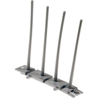 Bird control spikes made of flexible UV-resistant polymer preventing birds from landing on cameras or mounts. Each module has five spikes and can be mounted on flat or curved surfaces using the pre-mounted adhesive or cable ties ,not included. The modules can be connected lengthwise and/or widthwise to cover a larger area. 10 pieces