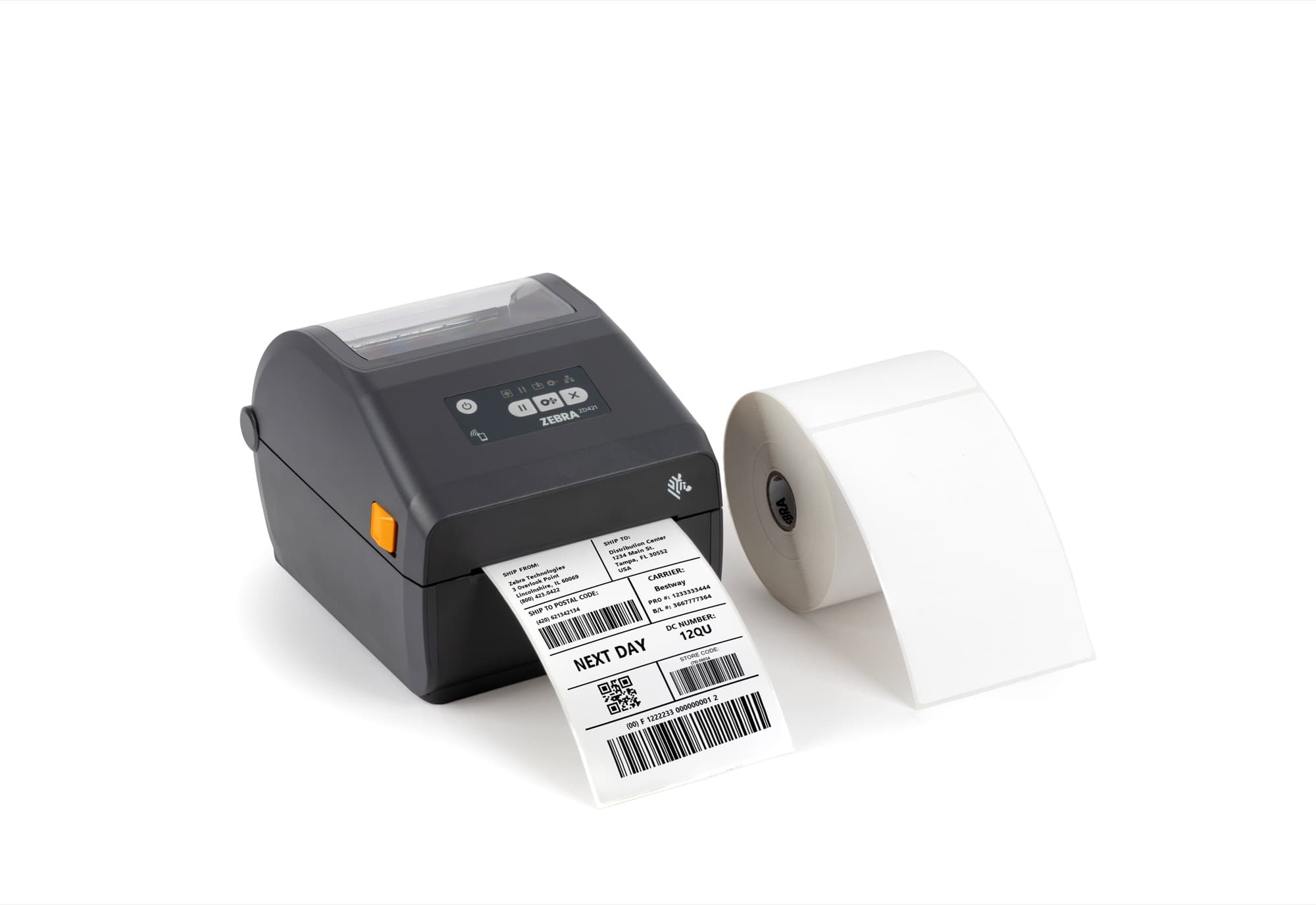 Zebra ZD421 desktop printer with stock 4x6 direct thermal shipping labels and roll stack